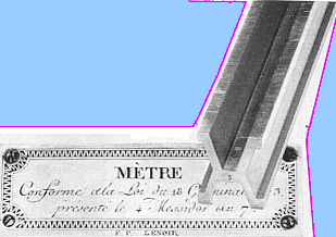 Stück des 'Ur-Meters' in Paris mit Urkunde